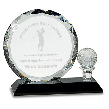 6 1/2" Round Facet Crystal with Golf Ball on Black Pedestal Base