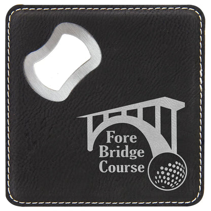 Black/Silver 4" x 4" Square Laserable Leatherette Coaster with Bottle Opener