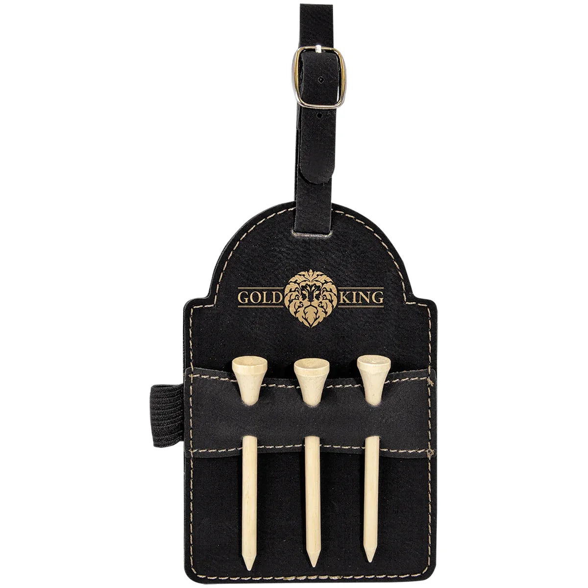 Black/Gold 5" x 3 1/4" Laserable Leatherette Golf Bag Tag with 3 Wooden Tees