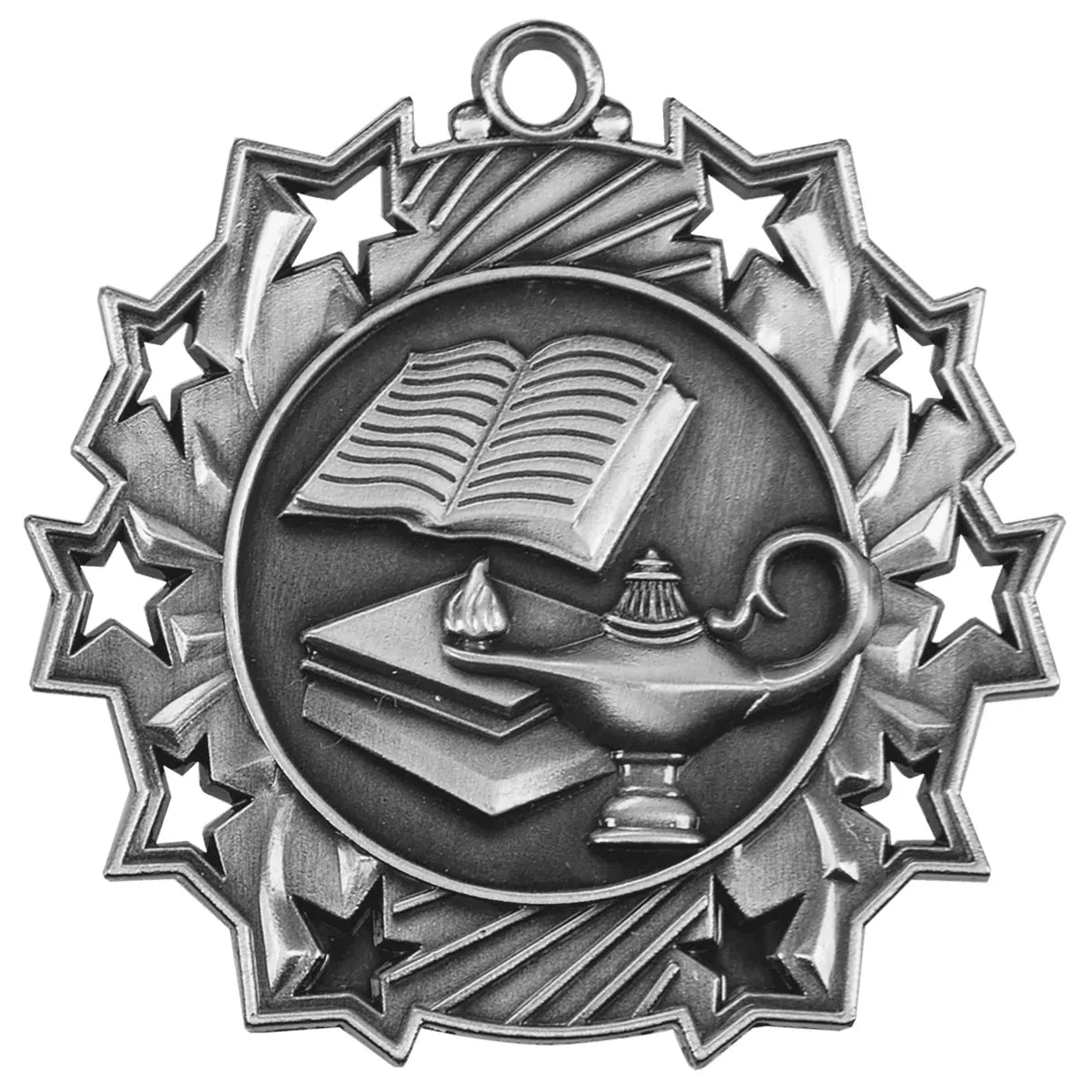 Antique Silver 2 1/4" Lamp of Knowledge Ten Star Medal