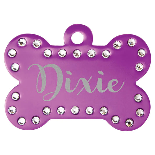 Purple 1 1/2" x 1" Laserable Anodized Aluminum Swarovski Bling Bone with Tab
