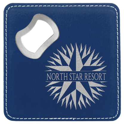 Blue/Silver 4" x 4" Square Laserable Leatherette Coaster with Bottle Opener
