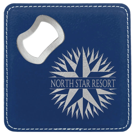 Blue/Silver 4" x 4" Square Laserable Leatherette Coaster with Bottle Opener