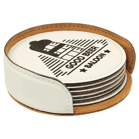 White 4" Round Laserable Leatherette 6-Coaster Set