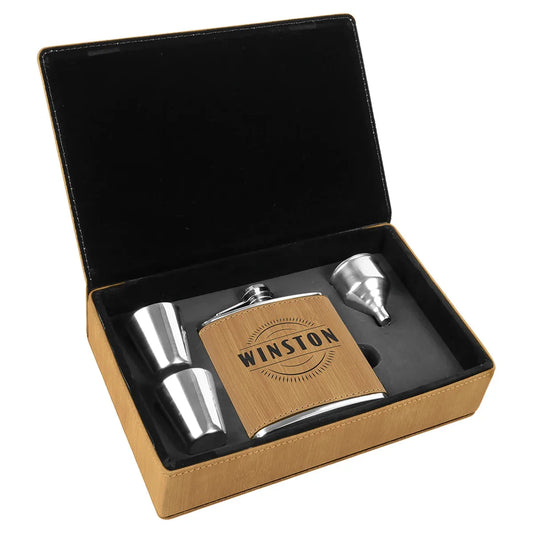 Bamboo 6 oz. Laserable Leatherette Flask Gift Set