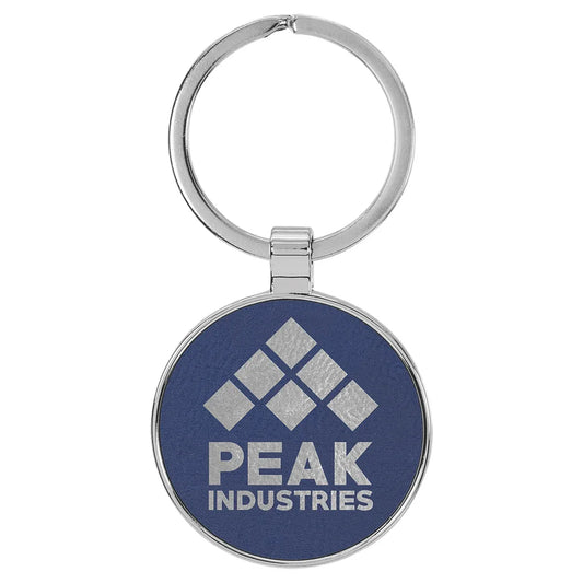 Blue/Silver 1 1/2" Laserable Leatherette/Metal Round Keychain