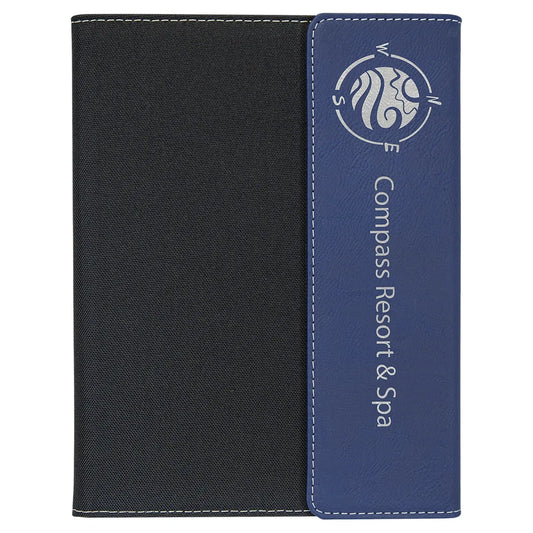 Blue/Silver Laserable Leatherette / Black 7" x 9" Canvas Portfolio with Notepad