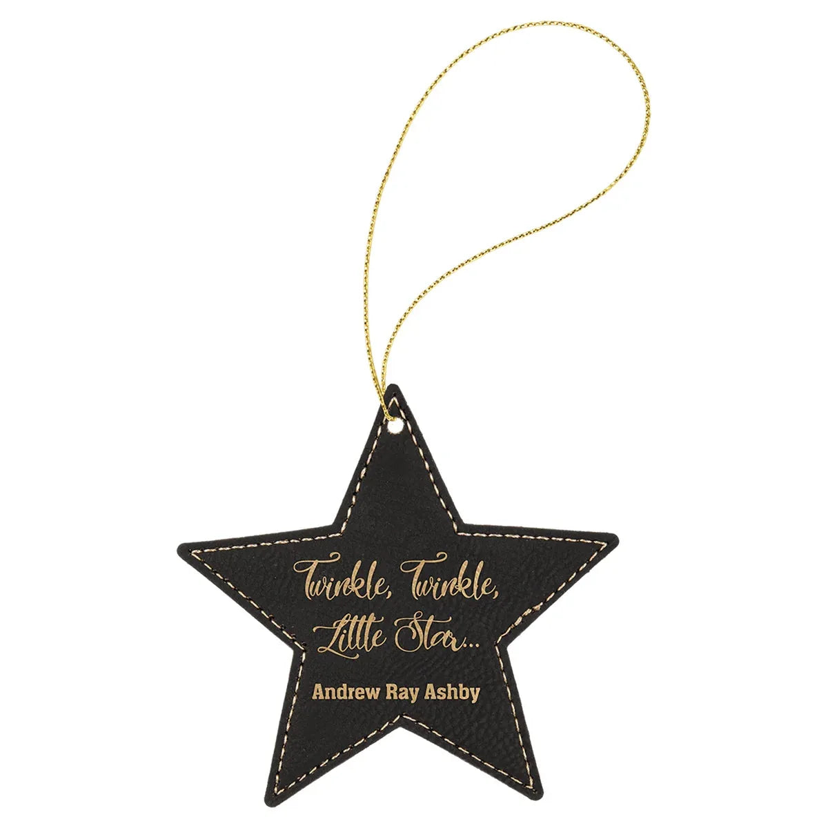 Black/Gold Laserable Leatherette Star Ornament with Gold String