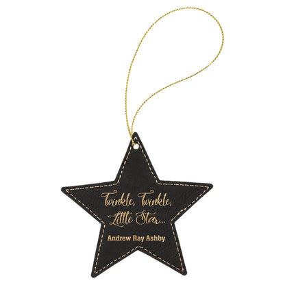 Black/Gold Laserable Leatherette Star Ornament with Gold String