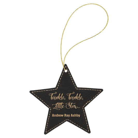 Black/Gold Laserable Leatherette Star Ornament with Gold String