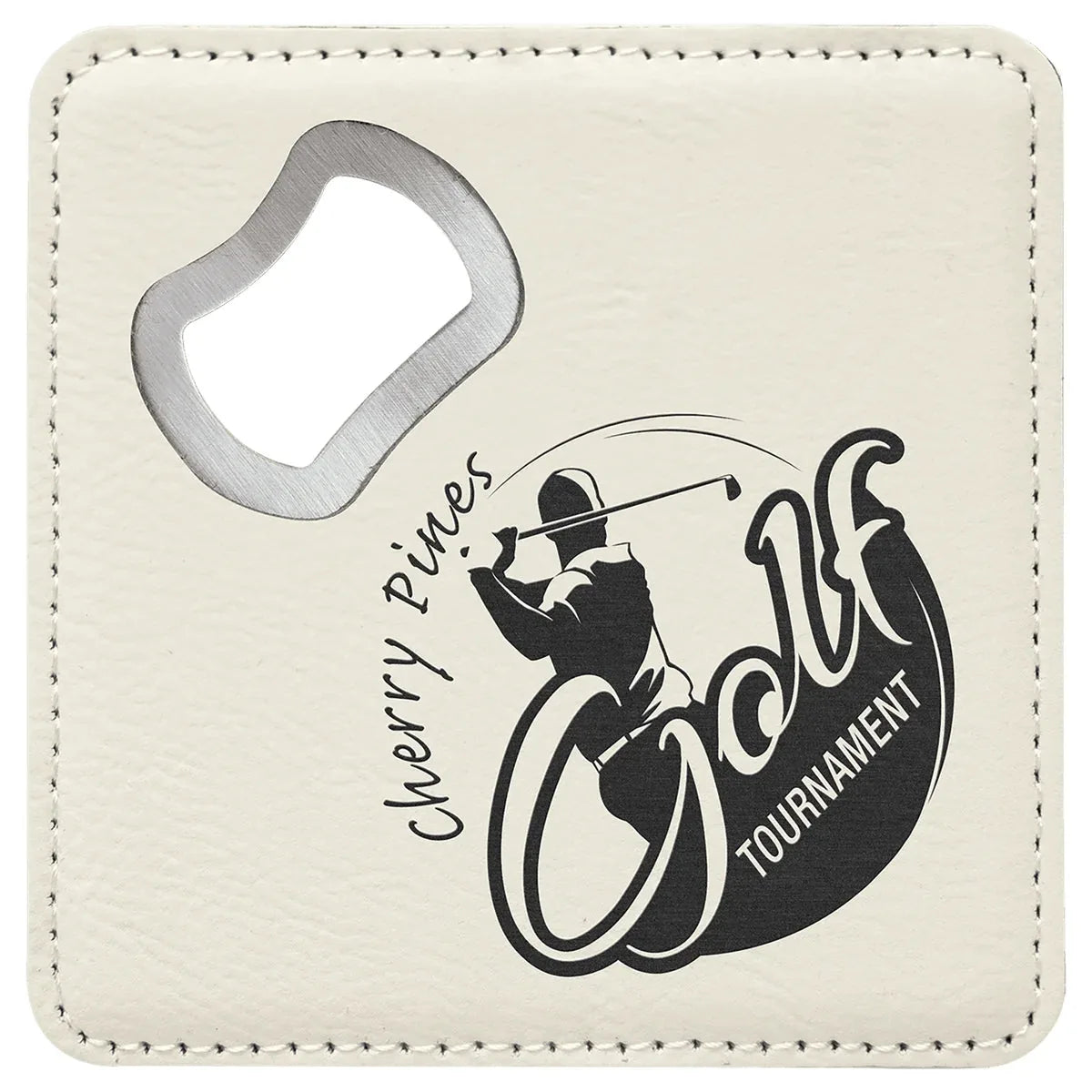 White 4" x 4" Square Laserable Leatherette Coaster with Bottle Opener