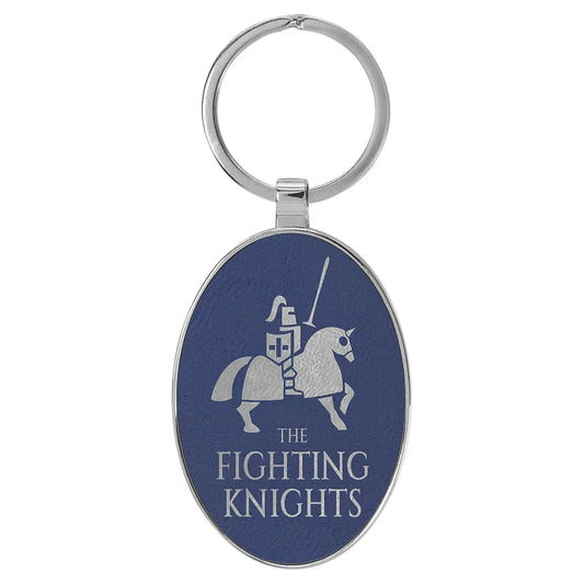 Blue/Silver 3" x 1 3/4" Laserable Leatherette/Metal Oval Keychain