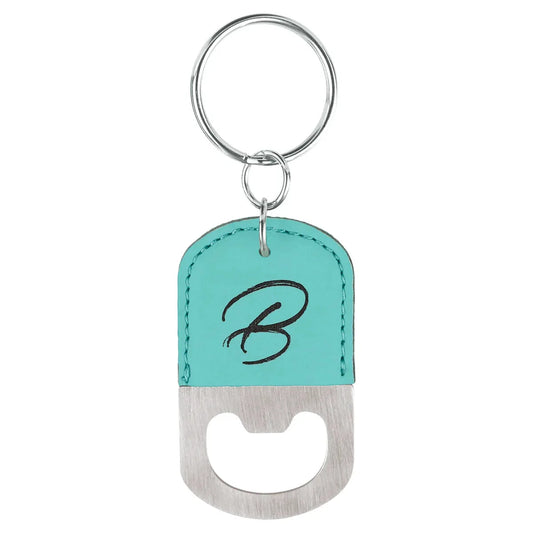 Teal Oval Laserable Leatherette Bottle Opener Keychain