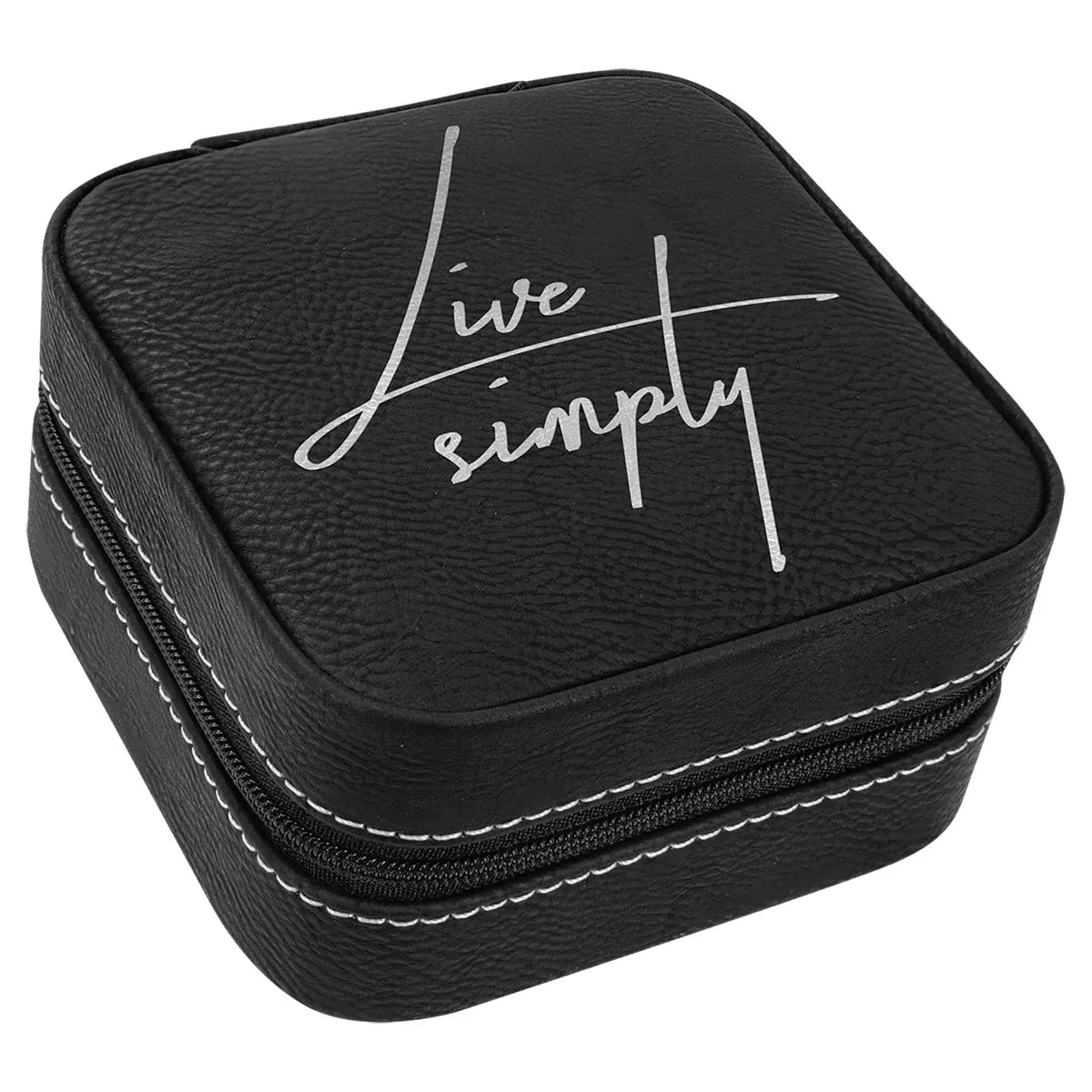 Black/Silver Laserable Leatherette Travel Jewelry Box with Black 4" X 4" Lining