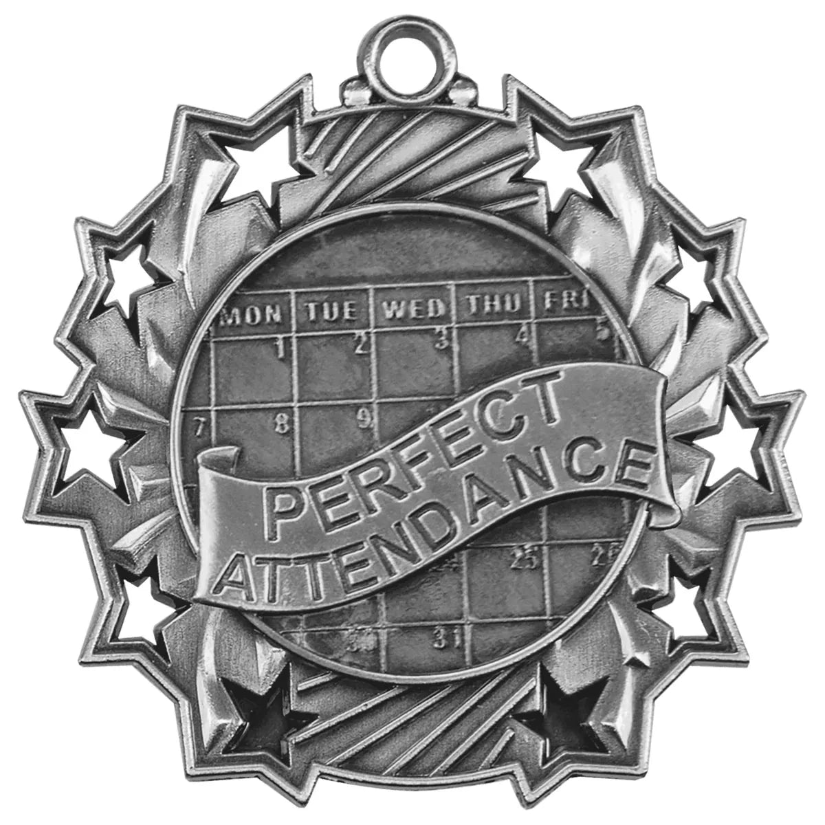 Antique Silver 2 1/4" Perfect Attendance Ten Star Medal