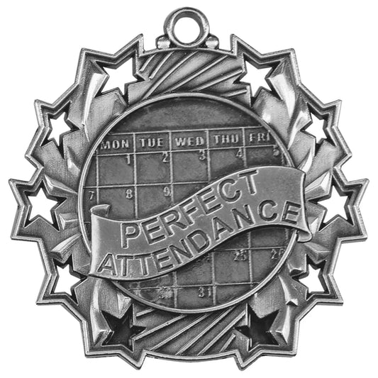 Antique Silver 2 1/4" Perfect Attendance Ten Star Medal
