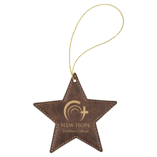 Rustic/Gold Laserable Leatherette Star Ornament with Gold String