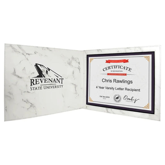 White Marble 9" x 12" Laserable Leatherette Certificate Holder for 8 1/2" x 11"