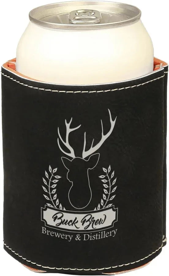 Black/Silver 3 3/4" Laserable Leatherette Beverage Holder