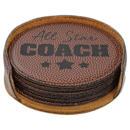 Football 4" Round Laserable Leatherette 6-Coaster Set
