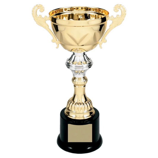 Gold 10" Completed Metal Cup Trophy on Plastic Base