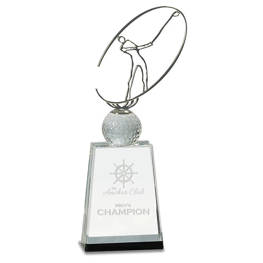 Custom Clear/Black Crystal Golf Award with Silver Metal Oval Figure (12") — Branded | Personalized Engraving