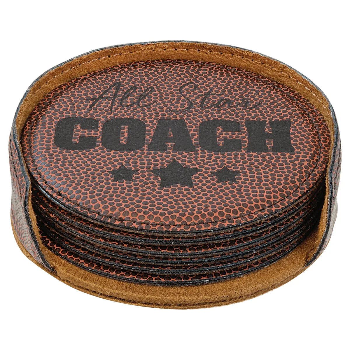 Football 4" Round Laserable Leatherette 6-Coaster Set