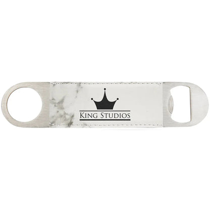 White Marble 1 1/2" x 7" Laserable Leatherette Bottle Opener