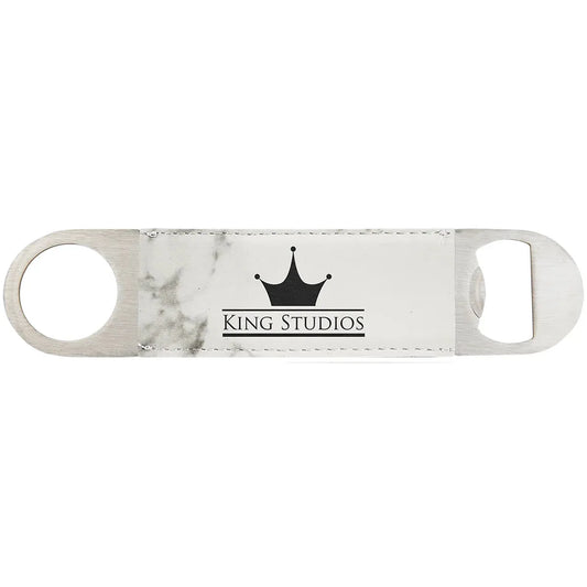 White Marble 1 1/2" x 7" Laserable Leatherette Bottle Opener