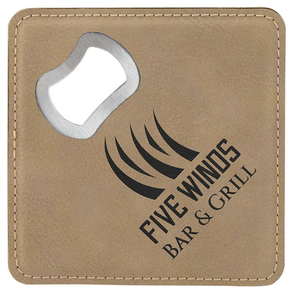 Light Brown 4" x 4" Square Laserable Leatherette Coaster with Bottle Opener