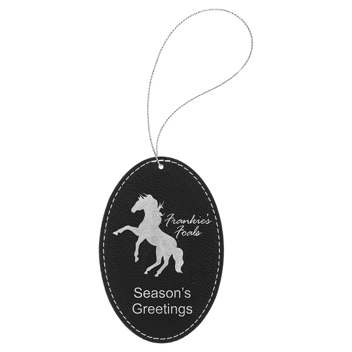 Black/Silver Laserable Leatherette Oval Ornament with Silver String
