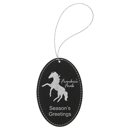 Black/Silver Laserable Leatherette Oval Ornament with Silver String