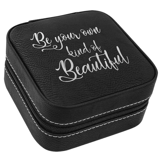 Black/Silver 4" X 4" Laserable Leatherette Travel Jewelry Box with Tan Lining