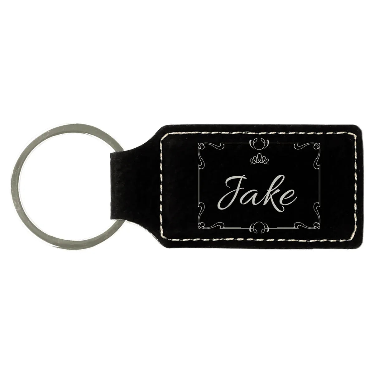 Black/Silver 2 3/4" x 1 1/4" Laserable Leatherette Rectangle Keychain