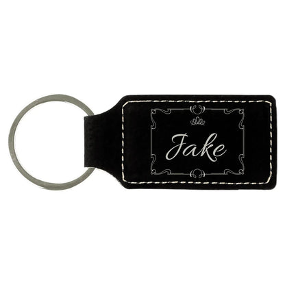 Black/Silver 2 3/4" x 1 1/4" Laserable Leatherette Rectangle Keychain