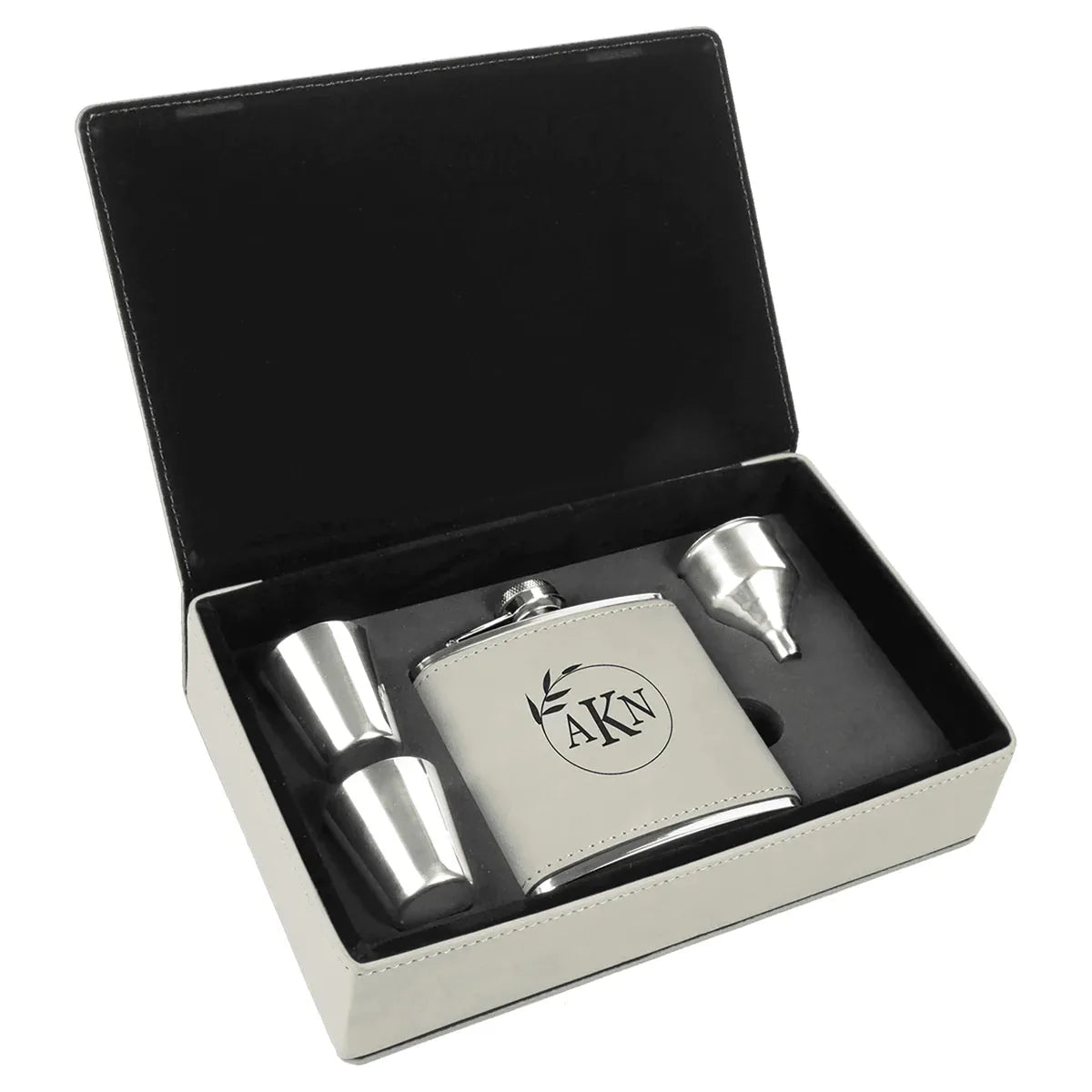 White 6 oz. Laserable Leatherette Flask Gift Set