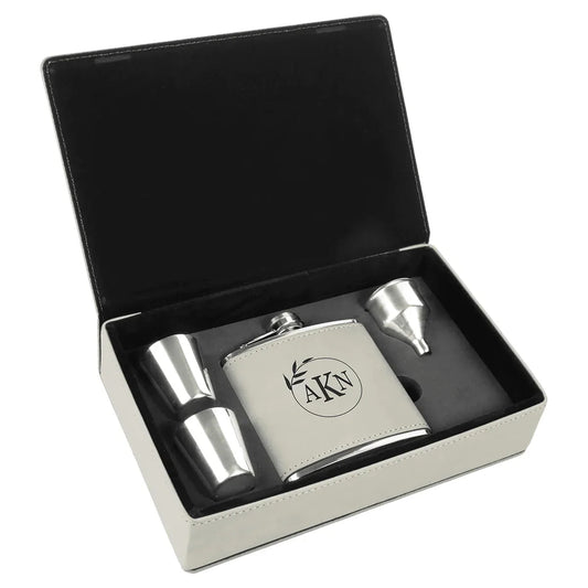 White 6 oz. Laserable Leatherette Flask Gift Set