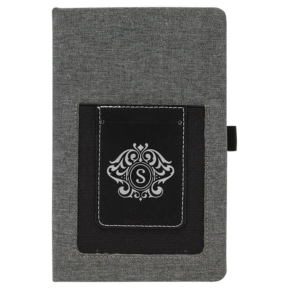 Gray w/Black 5 1/4" x 8 1/4" Laserable Leatherette Journal with Cell/Card Slot
