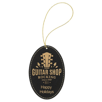 Black/Gold Laserable Leatherette Oval Ornament with Gold String