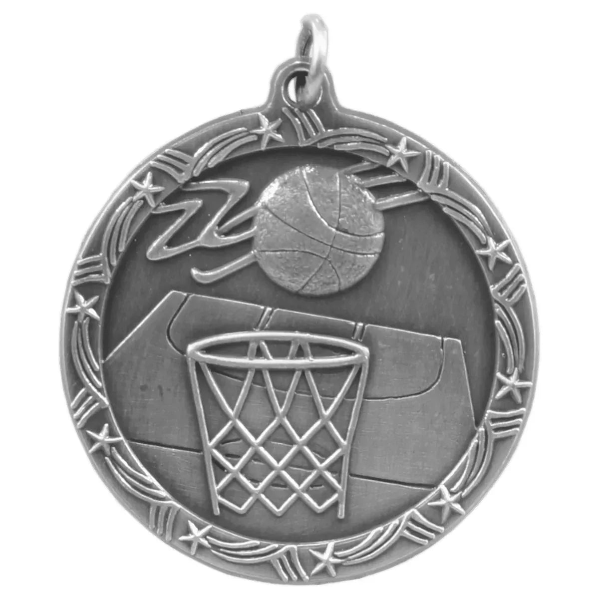 Antique Silver 1 3/4" Basketball Shooting Star Medal