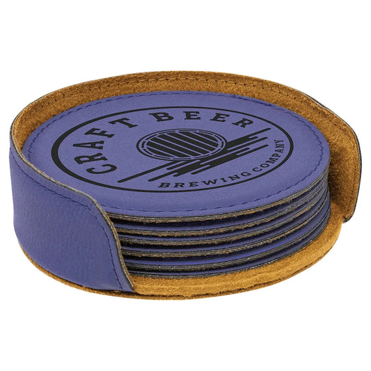 Purple 4" Round Laserable Leatherette 6-Coaster Set
