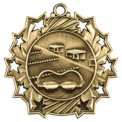 Antique Gold 2 1/4" Swimming Ten Star Medal