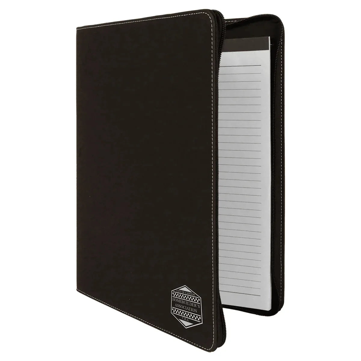 Black/Silver 9 1/2" x 12" w/Zipper Laserable Leatherette Portfolio with Notepad
