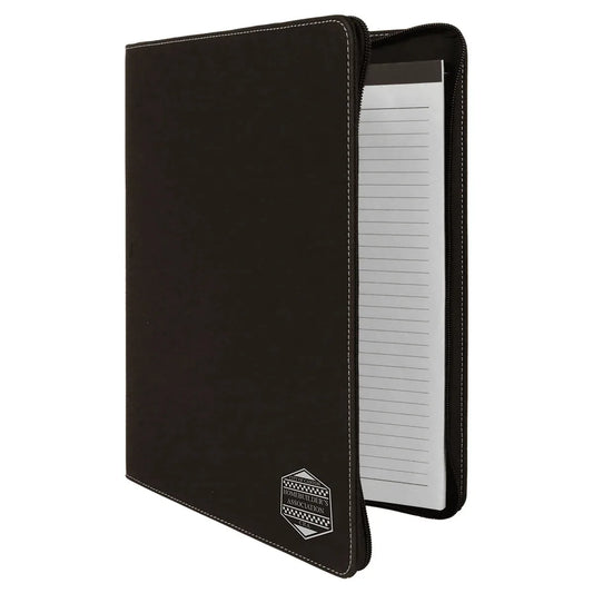 Black/Silver 9 1/2" x 12" w/Zipper Laserable Leatherette Portfolio with Notepad