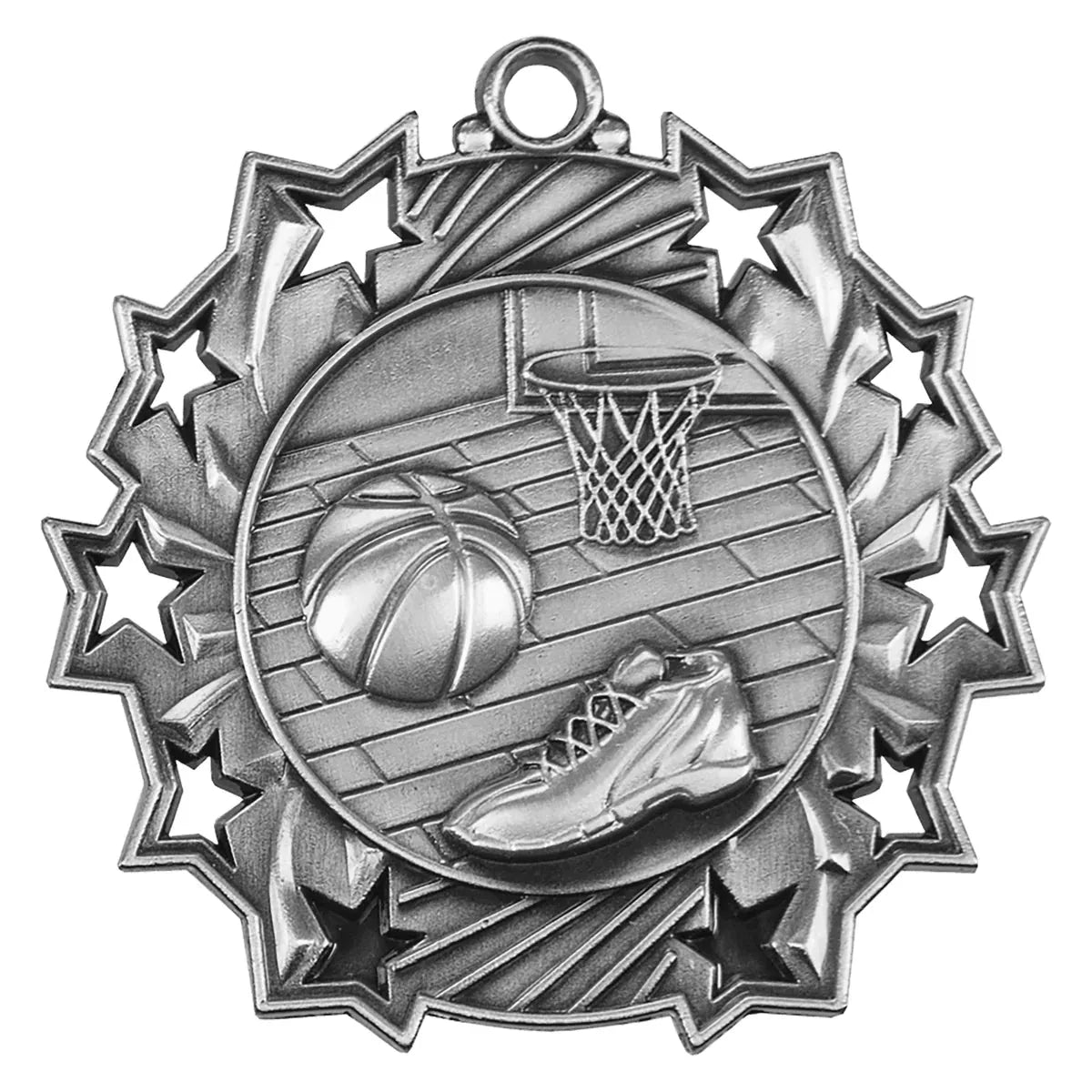 Antique Silver 2 1/4" Basketball Ten Star Medal