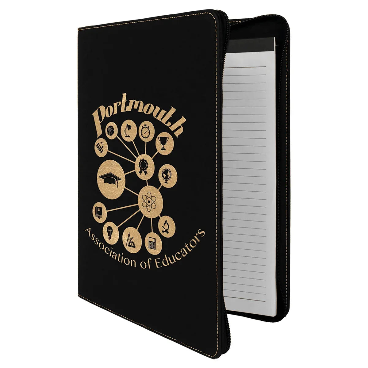 Black/Gold 9 1/2" x 12" with Zipper Laserable Leatherette Portfolio with Notepad