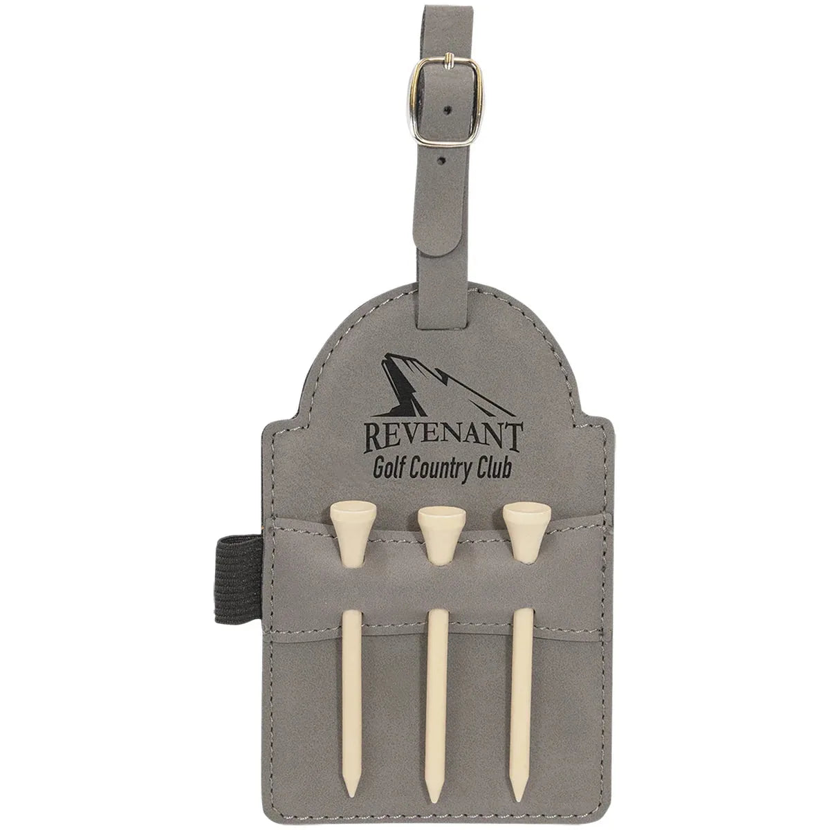 Gray 5" x 3 1/4" Laserable Leatherette Golf Bag Tag with 3 Wooden Tees