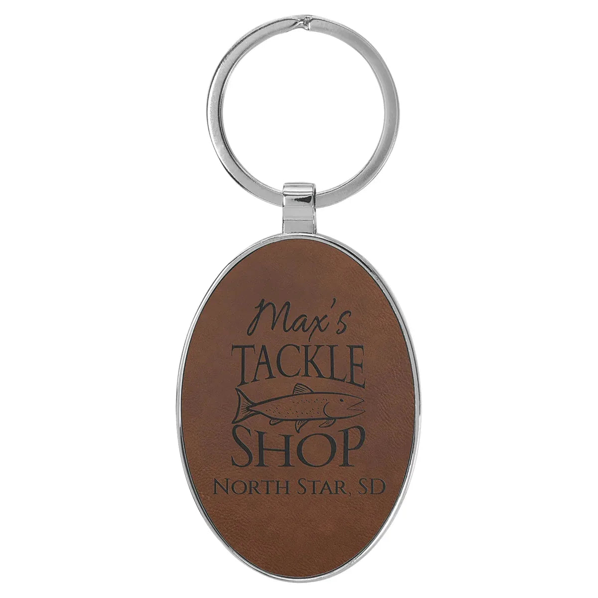 Dark Brown 3" x 1 3/4" Laserable Leatherette/Metal Oval Keychain