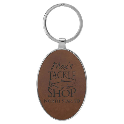 Dark Brown 3" x 1 3/4" Laserable Leatherette/Metal Oval Keychain