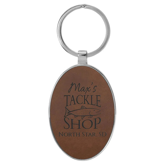 Dark Brown 3" x 1 3/4" Laserable Leatherette/Metal Oval Keychain